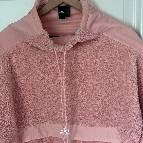 Adidas Pink Sherpa Pullover Sweatshirt Teddy Jacket Sz Small High Neck Oversized - Picture 3 of 10